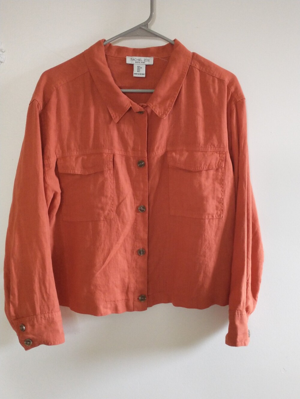 Rachel Zoe Rust Pumpkin Orange Linen Button-Front Utility Jacket Top L